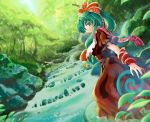  bow forest green_eyes green_hair hair_bow hair_ribbon jpeg_artifacts kagiyama_hina nanami_sano nature ribbon rock scenery short_hair solo stream touhou 