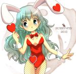  bunny_ears bunnysuit fishnet_pantyhose fishnets green_eyes green_hair heart hiyopuko long_hair original pantyhose rabbit_ears solo 