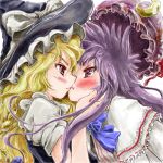  @_@ assertive blonde_hair blush braid brown_eyes eye_contact hat hat_removed hat_ribbon head_hold headwear_removed kirisame_marisa kiss long_hair lowres multiple_girls nanashii_(soregasisan) oekaki patchouli_knowledge purple_eyes purple_hair ribbon surprised touhou violet_eyes witch_hat yuri 