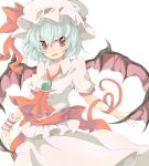  bad_id bat_wings blue_eyes hat kan_(tyonn) red_eyes remilia_scarlet short_hair short_sleeves simple_background solo touhou wings wrist_cuffs 