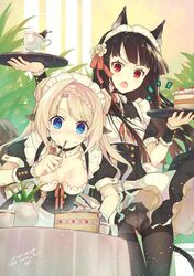  2girls animal_ears black_hair black_legwear blonde_hair blue_eyes braid breasts cake chestnut_mouth cup dated fangs food food_on_face frilled_choker frills gradient_hair green_hair hair_ornament hairclip highres jugatsu_junichi looking_at_viewer maid maid_headdress multicolored_hair multiple_girls number open_mouth original pantyhose plant puffy_sleeves red_eyes ribbon-trimmed_clothes ribbon_trim short_sleeves signature skirt teacup thigh_gap thighband_pantyhose tray twintails wrist_cuffs 