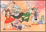  blonde_hair blue_hair brown_hair chibi cirno clothes_grab fan folding_fan foot_on_head gap green_hair hakurei_reimu hat hatori_niwatori hot in_the_face izayoi_sakuya kochiya_sanae konpaku_youmu konpaku_youmu_(ghost) long_hair minigirl multiple_girls myon ofuda pink_hair reisen_udongein_inaba scarlet_weather_rhapsody shochuumimai short_hair silver_hair touhou touhou_hisoutensoku translated tsurusaki_yuu yakumo_yukari yin_yang 