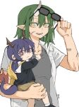  2girls adjusting_eyewear aged_down arknights bandaid bandaid_on_arm black_shirt bright_pupils carrying carrying_person ch&#039;en_(arknights) child chinese_commentary closed_mouth commentary_request dragon_horns dragon_tail green_hair grey_shirt hand_up highres horns hoshiguma_(arknights) long_hair looking_at_viewer multiple_girls pointy_ears red_eyes shirt shirt_grab short_sleeves simple_background single_horn sunglasses tail undershirt white_background white_pupils white_shirt yanlingjinshilihuahua yellow_eyes 