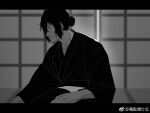  1boy bags_under_eyes boku_no_hero_academia closed_mouth eraser_head_(boku_no_hero_academia) facial_hair greyscale hair_bun highres japanese_clothes kimono letterboxed looking_to_the_side male_focus monochrome mustache_stubble nyan_2020 short_hair sitting solo sparse_stubble stubble weibo_logo wide_sleeves 