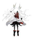  black_dress black_eyes black_footwear black_skin boots cloak colored_skin covered_face dress full_body highres kamikiririp long_hair original red_footwear red_scarf scarf solo white_background white_cloak white_hair 