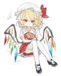  1girl ascot black_footwear blonde_hair crystal flandre_scarlet full_body hat hat_ribbon mob_cap multicolored_wings one_side_up osakanadream puffy_short_sleeves puffy_sleeves red_eyes red_skirt red_vest ribbon short_sleeves side_ponytail sitting skirt skirt_set solo touhou vest white_background white_headwear wings yellow_ascot 