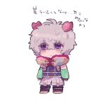  1boy bags_under_eyes bare_shoulders chibi chiimako detached_sleeves fingerless_gloves full_body gloves gnosia grey_eyes grey_hair hair_between_eyes looking_at_viewer lowres male_focus remnan_(gnosia) short_hair simple_background translation_request violet_eyes white_background 