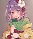  1girl crying floral_print_kimono flower green_kimono grey_background hair_flower hair_ornament hieda_no_akyuu japanese_clothes kimono long_sleeves looking_down mozukuzu_(manukedori) purple_hair solo touhou violet_eyes white_flower yellow_kimono 