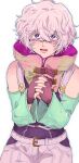  1boy bags_under_eyes bare_shoulders chiimako detached_sleeves fingerless_gloves gloves gnosia grey_eyes grey_hair hair_between_eyes hood hoodie looking_at_viewer male_focus remnan_(gnosia) short_hair solo translation_request violet_eyes white_gloves 