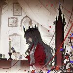  1girl ambiguous_red_liquid black_hair board_game braid candle candlestand chair chess chess_piece chessboard closed_mouth commentary covered_eyes crown curtains dress falling_petals figure flower from_side hair_over_eyes heroine_(lovebrush_chronicles) highres holding long_hair long_sleeves looking_at_object lovebrush_chronicles painting_(object) petals plant portrait_(object) profile red_flower red_shawl shawl side_braid sitting solo symbol-only_commentary table tablecloth thorns upper_body vines weibo_logo weibo_username white_dress z6 