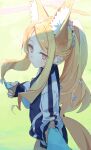  1girl absurdres animal_ear_fluff animal_ears blonde_hair blue_archive blush closed_mouth cowboy_shot extra_ears fox_ears halo highres jacket long_hair long_sleeves looking_at_viewer seia_(blue_archive) solo syhan track_jacket yellow_eyes yellow_halo 