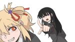  2girls black_hair black_jacket blonde_hair blush bright_pupils chinese_commentary collared_shirt commentary_request grey_skirt grin hair_ornament hair_ribbon highres inoue_takina jacket long_hair long_sleeves lycoris_recoil medium_hair multiple_girls nishikigi_chisato one_side_up open_mouth orange_eyes pleated_skirt pointing pointing_at_another red_ribbon ribbon school_uniform shirt skirt smile star_(symbol) star_hair_ornament sweatdrop violet_eyes white_pupils white_shirt yanlingjinshilihuahua 