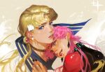  2boys an_kyoung bishoujo_senshi_sailor_moon black_lady black_nails blonde_hair blue_eyes earrings english_commentary genderswap genderswap_(ftm) grey_background highres jewelry lipstick long_hair looking_at_viewer makeup male_focus multiple_boys parted_lips pink_hair red_lips sailor_moon signature sparkle twintails 