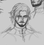  1boy aiulenn beard cropped_torso facial_hair full_beard highres looking_at_viewer male_focus mature_male multicolored_hair mustache scar scar_across_eye short_hair simple_background sketch solo streaked_hair thick_eyebrows wuthering_waves yhan_(wuthering_waves) 
