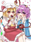  2girls :d :o ascot black_hairband blonde_hair blush buttons commentary crepe crossed_bangs crystal double-parted_bangs eyes_visible_through_hair fang feet_out_of_frame flandre_scarlet food frilled_shirt_collar frilled_skirt frilled_sleeves frilled_wrist_cuffs frills hair_between_eyes hair_ornament hairband hands_on_own_cheeks hands_on_own_face hands_up hat hat_ribbon heart heart_button heart_hair_ornament heart_of_string highres holding holding_food izumi_no_yasushi_aya komeiji_satori long_sleeves looking_at_another lovestruck mob_cap multiple_girls musical_note open_mouth puffy_short_sleeves puffy_sleeves purple_hair red_eyes red_ribbon red_skirt red_vest red_wrist_cuffs ribbon shirt short_hair short_sleeves signature simple_background sitting sitting_on_lap sitting_on_person skin_fang skirt smile spoken_musical_note teeth third_eye touhou upper_teeth_only vest violet_eyes white_background white_headwear white_shirt wide_sleeves wings wrist_cuffs yellow_ascot 