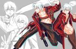  1boy belt_bra blue_eyes coat dante_(devil_may_cry) devil_may_cry_(series) devil_may_cry_3 fingerless_gloves gloves gun hamham_bugi highres looking_at_viewer male_focus red_coat smile solo sword weapon white_hair 