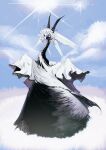  black_horns blue_sky clouds cloudy_sky creature feathered_wings full_body head_wings highres horns kamikiririp no_humans original robe sky solo white_hair white_robe white_wings wings 