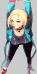  1girl absurdres blonde_hair blue_eyes blue_jacket breasts cammy_white dan_koflove highres jacket large_breasts red_footwear scar solo street_fighter street_fighter_6 