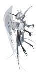  black_skin colored_skin creature dragon feathers full_body highres horns kamikiririp no_humans original single_horn solo tail white_background white_feathers white_fur white_hair wings 