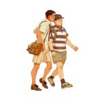 2boys backpack bag baseball_cap brown_bag brown_footwear brown_hair brown_headwear brown_shorts brown_socks character_doll chengongzi123 collared_shirt contemporary dark-skinned_male dark_skin facial_hair full_body goatee_stubble golden_kamuy green_eyes hand_on_another&#039;s_shoulder hand_up hat highres koito_otonoshin long_hair looking_to_the_side male_focus multiple_boys open_mouth satchel shirt shoes short_hair short_sleeves shorts simple_background sneakers socks striped_clothes striped_shirt striped_shorts stubble tsukishima_hajime tsurumi_tokushirou very_long_hair walking watch watch white_background 