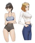  2girls absurdres black_hair blonde_hair blue_eyes bra_visible_through_clothes breasts brown_eyes collarbone denim high_ponytail highres jeans long_hair medium_breasts midriff multiple_girls original pants see-through see-through_shirt short_hair tbocart thighs 