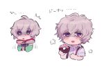  1boy bags_under_eyes bare_shoulders chibi chiimako detached_sleeves doughnut fingerless_gloves food gloves gnosia grey_eyes grey_hair hair_between_eyes looking_at_viewer male_focus multiple_persona remnan_(gnosia) short_hair simple_background translation_request v-shaped_eyebrows violet_eyes white_background 