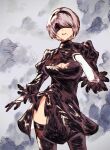  1girl 2b_(nier:automata) aojirozame1228 black_blindfold black_dress black_gloves black_hairband black_thighhighs blindfold breasts cleavage_cutout clothing_cutout cowboy_shot dress facing_viewer gloves grey_background grey_hair hairband hand_on_own_chest hand_up highres juliet_sleeves large_breasts long_sleeves looking_at_viewer mole mole_under_mouth nier:automata nier_(series) parted_lips puffy_sleeves short_hair smoke solo standing thigh-highs white_sleeves 