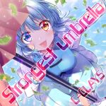  1girl album_cover blue_eyes blue_hair blue_skirt blue_sky blue_vest blush blush_stickers c-clays circle_name clouds cloudy_sky cover determined english_text falling_leaves frilled_shirt_collar frills game_cg heterochromia holding holding_umbrella juliet_sleeves karakasa_obake knee_up leaf long_sleeves official_art outstretched_arm polka_dot polka_dot_skirt puffy_sleeves red_eyes sakura_tsubame shirt short_hair skirt sky solo tatara_kogasa tongue tongue_out touhou touhou_cannonball umbrella v-shaped_eyebrows vest white_shirt 