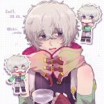  1boy bags_under_eyes bare_shoulders chibi chiimako detached_sleeves fingerless_gloves gloves gnosia grey_eyes grey_hair hair_between_eyes looking_at_viewer male_focus multiple_persona remnan_(gnosia) short_hair simple_background v-shaped_eyebrows violet_eyes white_background 