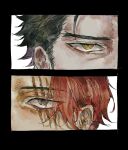  2boys @_@ black_hair dracule_mihawk hair_slicked_back highres male_focus multiple_boys one_piece redhead scar scar_across_eye scar_on_face shanks_(one_piece) spiral-only_eyes yellow_eyes 