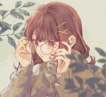  1girl adjusting_eyewear braid brown_hair brown_sweater glasses hair_ornament hairclip highres long_hair long_sleeves original red_eyes shizuki_(angcm8611) solo sweater upper_body 