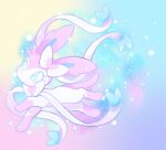  artist_name blue_background blue_eyes blush bright_pupils closed_mouth commentary english_commentary eyelashes flower_(symbol) heart highres looking_at_viewer multicolored_background no_humans parfaerie pink_background pokemon pokemon_(creature) purple_background simple_background smile solo sparkle sylveon twitter_username white_pupils yellow_background 