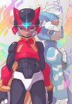  2boys abs black_bodysuit black_eyes blue_eyes blue_robe bodysuit bodysuit_under_clothes covered_navel crop_top crotch_plate cyber_elf_x_(mega_man) forehead_jewel from_side glowing helmet looking_at_viewer mega_man_(series) mega_man_zero_(series) multiple_boys robe vani_(hisha_04) x_(mega_man) zero(z)_(mega_man) zero_(mega_man) 