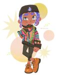  1boy black_headwear black_pants blue_hair brown_footwear closed_mouth cross-laced_footwear crossed_legs dark-skinned_male dark_skin full_body gradient_hair highres male_focus medium_hair multicolored_hair multicolored_sweater octoling_boy octoling_player_character pants pokuru666 purple_hair shoes sleeves_past_wrists smile solo splatoon_(series) standing tentacle_hair thick_eyebrows two-tone_hair violet_eyes white_background 