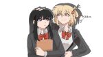  2girls black_hair black_jacket blonde_hair book bright_pupils chinese_commentary closed_mouth collared_shirt commentary_request grey_skirt hair_ribbon headpat height highres holding holding_book hugging_book hugging_object inoue_takina jacket long_hair long_sleeves lycoris_recoil medium_hair multiple_girls nishikigi_chisato one_side_up open_clothes open_jacket orange_eyes pleated_skirt red_ribbon ribbon school_uniform shadow shirt skirt smile upper_body violet_eyes white_pupils white_shirt yanlingjinshilihuahua 