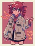 1990s_(style) 1girl :3 ahoge artist_name black_skirt brown_jacket cropped_legs drill_hair film_grain hair_between_eyes heart jacket kasane_teto long_sleeves looking_at_viewer open_clothes open_jacket red_eyes red_shirt red_t-shirt redhead retro_artstyle shirt short_hair simple_background skirt solo t-shirt twin_drills twintails utau v yuusuke-kun