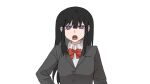  1girl annoyed black_hair black_jacket bright_pupils chinese_commentary collared_shirt commentary_request grey_skirt highres inoue_takina jacket long_hair long_sleeves looking_at_viewer lycoris_recoil open_mouth pleated_skirt school_uniform shirt skirt solo upper_body v-shaped_eyebrows violet_eyes white_pupils white_shirt yanlingjinshilihuahua 