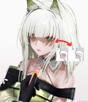  1girl anatomy animal_ear_fluff animal_ears arknights arrow_(symbol) black_gloves bright_pupils cat_ears closed_mouth commentary expressionless gloves green_eyes highres holding kal&#039;tsit_(arknights) looking_at_viewer medium_hair meme mewing_(meme) oripathy_lesion_(arknights) out_of_frame pov simple_background solo_focus symbol-only_commentary thehprm white_background white_pupils 