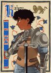  1boy armor black_hair blue_eyes character_name cowboy_shot dark-skinned_male dark_skin dungeon_meshi highres holding holding_sword holding_weapon kabru male_focus medieval profile short_hair solo sword tuherrus wavy_hair weapon winged_lion_(dungeon_meshi) 