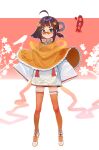  1girl absurdres ahoge bird black_hair blue_eyes branch bright_pupils cape china_dress chinese_clothes dress flats flower frilled_cape full_body hair_flower hair_ornament highres looking_at_viewer one_side_up orange_background orange_cape orange_flower orange_thighhighs original round_eyewear short_hair sidelocks sleeves_past_fingers sleeves_past_wrists solo standing tassel thigh-highs two-tone_background white_background white_dress white_footwear white_pupils wide_sleeves x_hair_ornament yuhezi zettai_ryouiki 