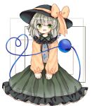  1girl black_headwear blouse bow buttons diamond_button eyeball frilled_shirt_collar frilled_sleeves frills green_eyes green_hair grey_hair hat hat_bow hat_ribbon heart heart_of_string komeiji_koishi ribbon shirt solo third_eye touhou wide_sleeves yellow_bow yellow_shirt yuzu_shino_(bon2rose) 