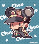  1boy :3 animal_ears belt blue_background blush_stickers chain chibi chibi_only coat earrings full_body grey_coat grey_headwear grey_pants grey_shirt hat jewelry jojo_no_kimyou_na_bouken kotorai kujo_jotaro lowres male_focus mouse_ears mouse_tail multiple_belts no_nose outline pants polka_dot polka_dot_background shirt sideburns signature solo tail white_outline 