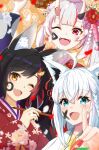  3girls absurdres ahoge animal_ear_fluff animal_ears black_hair braid commentary_request earrings fox_ears fox_girl green_eyes hair_between_eyes highres hololive japanese_clothes jewelry kimono long_hair looking_at_viewer multicolored_hair multiple_girls nakiri_ayame nakiri_ayame_(new_year) official_alternate_costume one_eye_closed oni ookami_mio ookami_mio_(new_year) red_eyes red_kimono redhead satou_kazunori shirakami_fubuki shirakami_fubuki_(new_year) sidelocks single_braid streaked_hair virtual_youtuber white_hair white_kimono wolf_ears wolf_girl yellow_eyes 