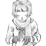  1girl :3 alternate_costume animal_ears animal_nose blush closed_eyes facing_viewer gloves greyscale hand_grab highres leaf leaf_on_head long_sleeves mizu&#039;24 mode_aim monochrome neckerchief open_mouth out_of_frame plaid plaid_scarf ponpoko_(vtuber) pov pov_hands raccoon_ears raccoon_girl raised_eyebrows scarf short_hair simple_background solo_focus upper_body virtual_youtuber 