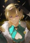  1boy aqua_shirt aventurine_(honkai:_star_rail) black_gloves blonde_hair closed_mouth clothing_cutout coin collared_shirt earrings eyewear_on_head fur_trim gloves hair_between_eyes highres honkai:_star_rail honkai_(series) jacket jewelry lianzi looking_at_viewer male_focus pectoral_cleavage pectorals shirt short_hair solo violet_eyes 