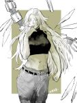  1girl belt black_shirt blonde_hair clenched_hand cowboy_shot crop_top garuda_(jujutsu_kaisen) highres jujutsu_kaisen long_hair midriff mksp navel pants shirt sleeveless solo standing tsukumo_yuki 