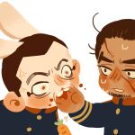  2boys animal_ears biting biting_another&#039;s_hand blood blue_jacket bright_pupils brown_eyes brown_hair carrot chengongzi123 closed_mouth constricted_pupils dark-skinned_male dark_skin deformed facial_hair goatee_stubble golden_kamuy hand_up highres holding holding_carrot jacket kemonomimi_mode long_sleeves looking_at_another male_focus military_uniform multiple_boys orange_eyes rabbit_ears raised_eyebrows rikimatsu_ariko scar scar_on_face short_hair simple_background stubble sweat thick_eyebrows trembling uniform upper_body usami_tokishige veins very_short_hair white_background 