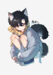  1boy animal_ear_fluff animal_ears ankle_socks black_hair blue_footwear blue_jacket blush cat_boy cat_ears cat_tail commentary_request food food_in_mouth from_above full_body grey_shorts hair_between_eyes highres jacket knees_up long_sleeves looking_at_viewer macaron male_focus original paki2000 plaid plaid_scarf scarf shoes short_hair shorts simple_background sleeves_past_wrists snowflake_ornament socks solo squatting tail translation_request white_background white_socks winter_clothes yellow_eyes yellow_scarf 