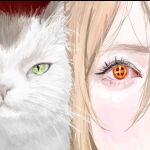  1girl animal blonde_hair cat chainsaw_man close-up cross-shaped_pupils eyelashes ghosty meowy_(chainsaw_man) pale_skin power_(chainsaw_man) red_background red_eyes simple_background symbol-shaped_pupils whiskers 