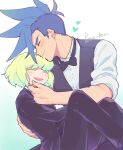  2boys androgynous artist_name blue_hair blush bow bowtie carrying closed_eyes commentary_request galo_thymos gradient_background green_background green_hair hand_on_another&#039;s_cheek hand_on_another&#039;s_face hand_on_another&#039;s_head heart highres holding kome_1022 lio_fotia male_focus mohawk multiple_boys open_mouth promare simple_background sleeves_pushed_up smile spiky_hair suit white_background 